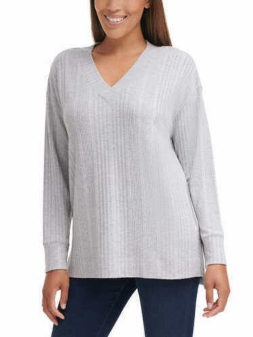 Andrew Marc Womens Ribbed V-Neck Top